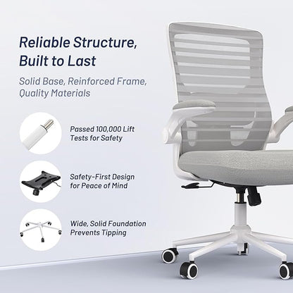 Office Chair for Long Hours & Lower Back Pain Relief – 4" Molded Foam Cushion, Padded Lumbar Support, and Padded Flip-up Armrests, Ideal for Office or Study, Light Gray