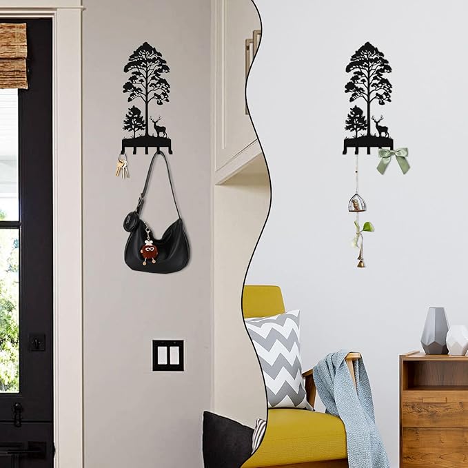 Key Holder for Wall, Metal Key Holder Hooks Organizer Rack, Key Organizer Wall Decorative with 5 Hooks for Entryway, Front Door, Hallway, Bedroom, Office (12 Inches, Deer, Tree)
