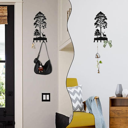 Key Holder for Wall, Metal Key Holder Hooks Organizer Rack, Key Organizer Wall Decorative with 5 Hooks for Entryway, Front Door, Hallway, Bedroom, Office (12 Inches, Deer, Tree)