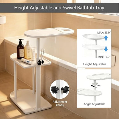 3 Layer Bathtub Tray Table,Bamboo Swivel Bathtub Side Table Height Adjustable,Freestanding Bathtub Tray for Tub Against Wall,Bathtub Accessories&Bathroom Organizer for Luxury Home Spa (White)