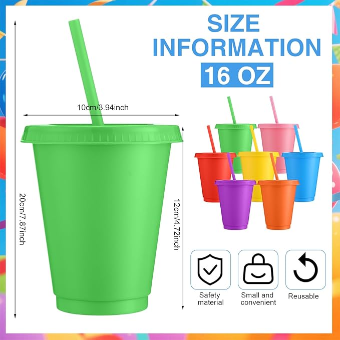 Sieral Cups with Straws and Lids Kids Tumbler with Straw Reusable Water Bottle Iced Coffee Travel Mug Adults Plastic Cups for Parties 16 oz(Classic Colors,15 Pack)