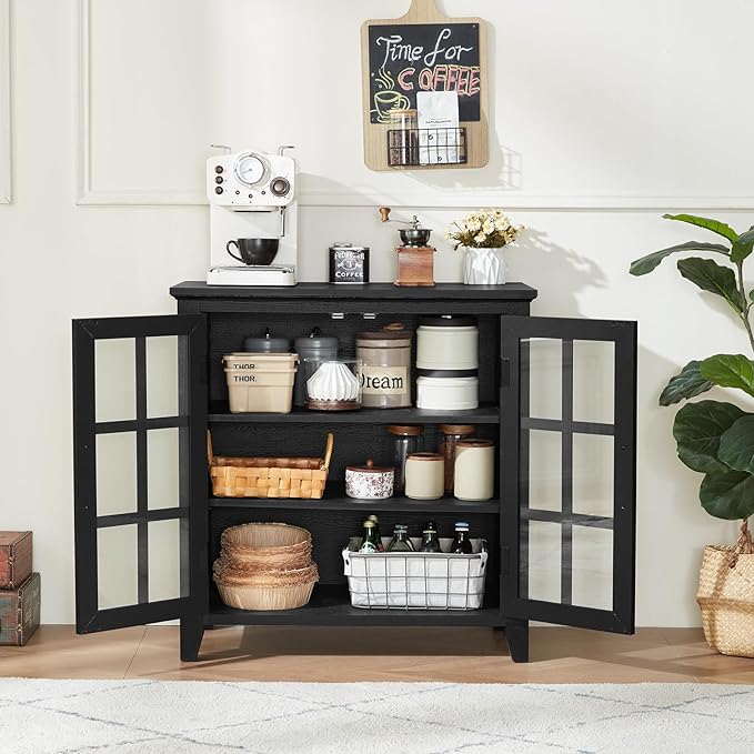 Large Sideboard Buffet Cabinet with Storage, 32" Farmhouse Kitchen Coffee Wine Bar Cabinet with 2 Glass Doors, Wood Mid Century Modern Side Board Table for Dining Room, Living Room, Black