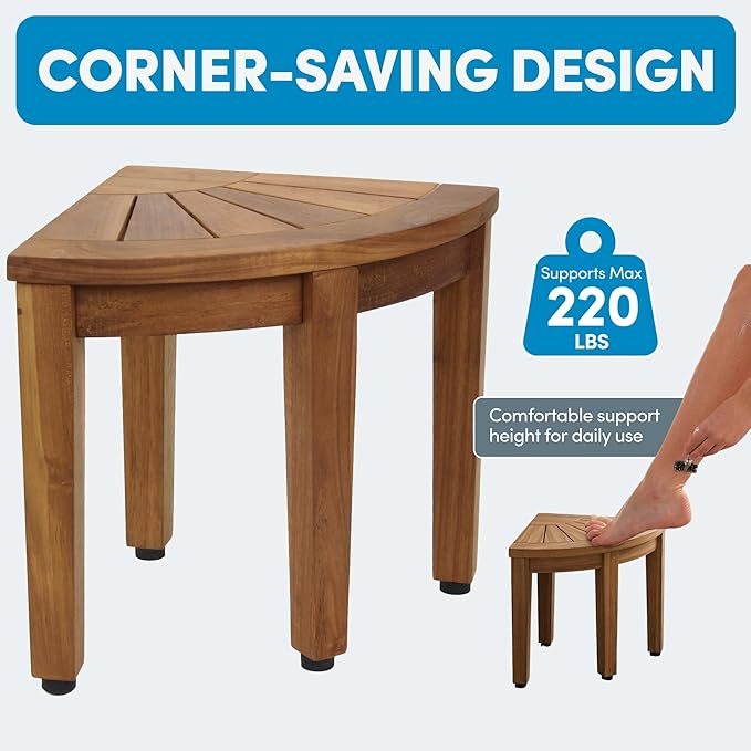 AquaTeak 12" Kai OptiAREA Teak Foot Rest - Corner Shower Stool for Shaving Legs - Durable, Water-Resistant Foot Stool with Anti-Slip Feet & Space-Saving Design - Indoor & Outdoor Use