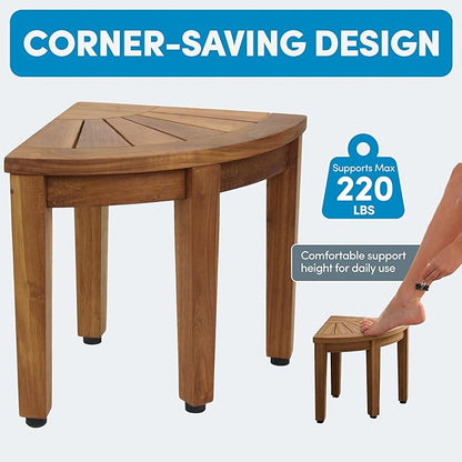 AquaTeak 12" Kai OptiAREA Teak Foot Rest - Corner Shower Stool for Shaving Legs - Durable, Water-Resistant Foot Stool with Anti-Slip Feet & Space-Saving Design - Indoor & Outdoor Use