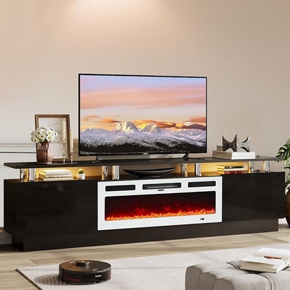 80" TV Stand for Living Room, Modern Entertainment Center & Media Console, Fits TVs up to 80", Storage Cabinet with Shelves, 36" Electric Fireplace with LED Flame(Black+White)
