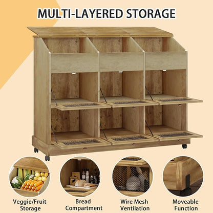 Large Potato Storage Bin, Wooden Bread Bins with Wheel, Onion Storage Bin, Storage Box for Kitchen Pantry, Brown