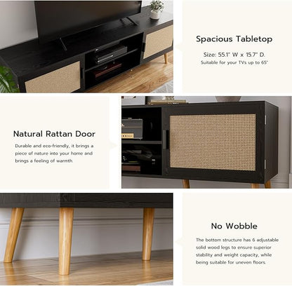 ZttRiee TV Stand for TVs up to 65'', Entertainment Center with Rattan Door, Shelves & 2 Cabinets, Boho Media TV Console for Living Room, Bedroom, Black