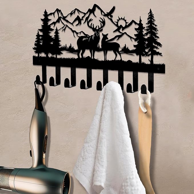 Deer Metal Key Holder for Wall, 14.5" X 8.9", Key Hooks for Wall Organizer, Key Rack, Forest Theme Coat Hat Towel Hooks, Ideal for Living Room, Hallway, Office