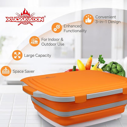 Collapsible BBQ Prep Tub for Meal Prep, Marinating, and Food Storage - Includes Cutting Board and Locking Lid,Ideal Gifts for Christmas,Dad,mother (X-Large) Orange