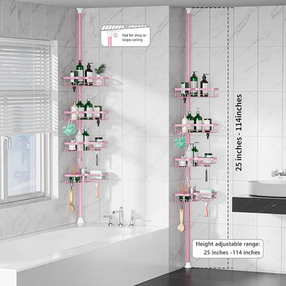 DAOYA Corner Shower Caddy Tension Pole - Pink - Rustproof Adjustable Bathroom Organizer Shelf for Shampoo, 25–114.2 Inch Shower Rack for Renters, Apartments