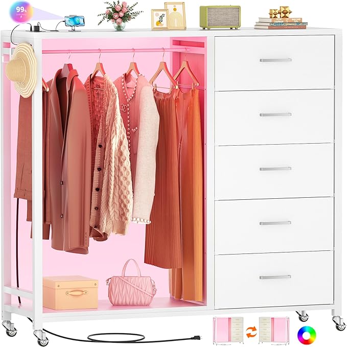 Cyclysio Dresser with Hanging Rack, 5 Fabric Drawers Dresser with Clothes Rack, Wooden Top Storage Chest of Drawers with Charging Station & LED Lights, Lockable Wheels, Closet