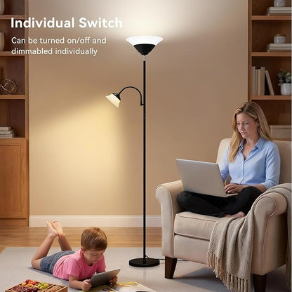 2-in-1 Torchiere Floor Lamp, 34W Super Bright LED Standing Lamp with Remote & Touch Control, 72" Dimmable Adjustable Corner Reading Lamp for Living Room, Bedroom, Office, Black