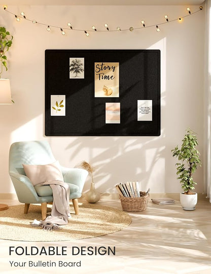 Fluxynara Large Bulletin Board, 47.2" x 35.4" Cork Board Alternative with 24 Safe Removable Adhesive Tabs, Foldable Felt Pin Board for Home Office, Classroom, Bedroom,Entryway for Walls— Black