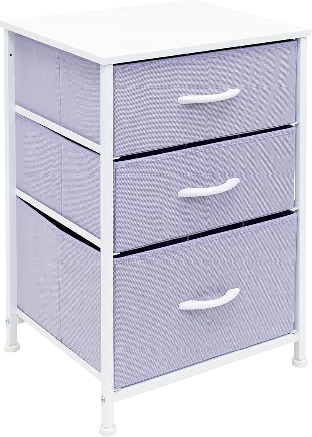 Sorbus Nightstand with 3 Drawers - Furniture Storage Chest Tower Unit for Bedroom, Hallway, Closet, Office Organization - Steel Frame, Wood Top, Pastel Fabric Bin (Purple)