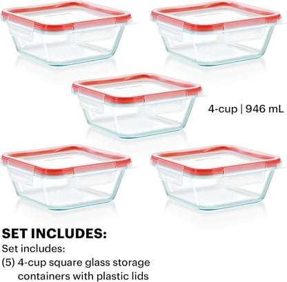 Pyrex Freshlock (5-Pack, 4 Cup) Glass Food Storage Containers Set, Airtight & Leakproof Plastic Locking Lids BPA-Free, Meal Prep Containers Set, Freezer Dishwasher Microwave Safe