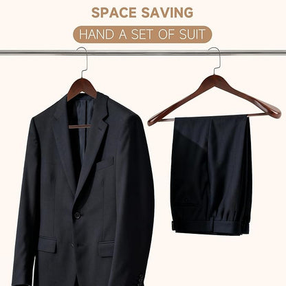 17.5" Wooden Suit Hangers with Non Slip Pants Bar, 6-Pack Wood Extra-Wide Shoulder Hangers with Flat-Head Hook for Suits, Coats, Jackets, Shirts, Pants, Heavy Clothes (Walnut)