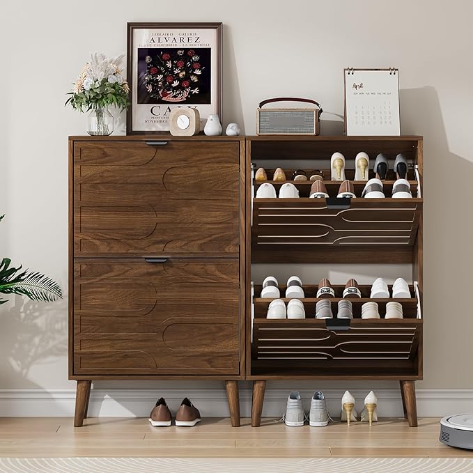 Shoe Cabinet Storage for Entryway with 2 Flip Drawers, Narrow Shoe Cabinet for Entryway, Hidden Slim Shoe Organizer Rack Cabinet (Brown, 23.6" W)