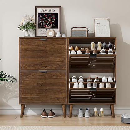 Shoe Cabinet Storage for Entryway with 2 Flip Drawers, Narrow Shoe Cabinet for Entryway, Hidden Slim Shoe Organizer Rack Cabinet (Brown, 23.6" W)