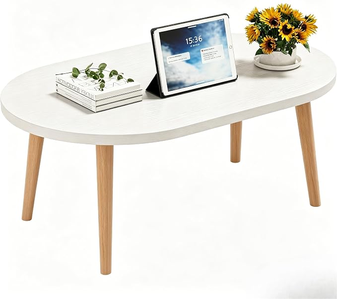 Coffee Table Low Table with Solid Wood Legs, 31.5x19.7 Large Coffee Table Side Table, Floor Table Desk for Sitting on The Floor, Living Room Furniture for Office Apartment Home, Oval White
