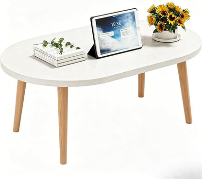 Coffee Table Low Table with Solid Wood Legs, 31.5x19.7 Large Coffee Table Side Table, Floor Table Desk for Sitting on The Floor, Living Room Furniture for Office Apartment Home, Oval White