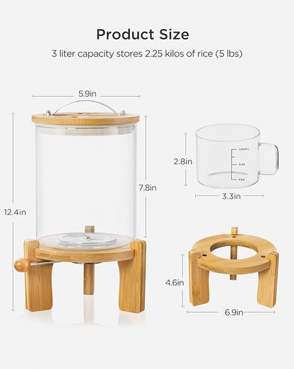 HBlife 5-7 Lbs Glass Rice Dispenser with Wooden Stand Flour and Cereal Container with Glass Measuring Cup Pantry Food Organization Storage Bin with Airtight Bamboo Lid, 3L