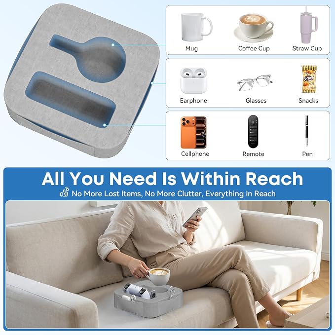 Couch Cup Holder Pillow, Couch Caddy for Drink, Snack, Phone, Remote, Game Controller, Removable and Washable Cup Cozy Pillow, Small Sofa Cup Holder Tray for Bed, Car, Desk, Sofa, Gray