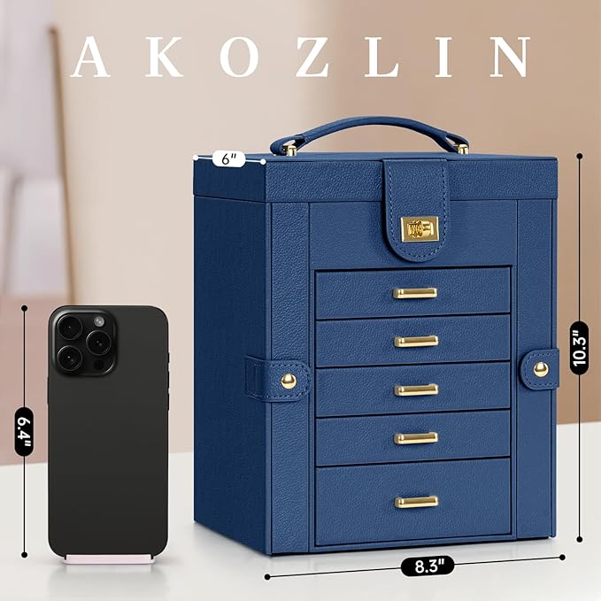 AKOZLIN Jewelry Box Organizer Functional Leather Jewelry Storage Case for Women Girls Ring Necklace Earring Bracelet Holder Organizer with Mirror Blue