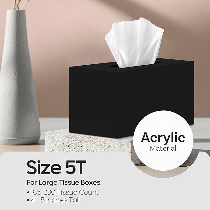 Rectangle Tissue Box Cover | Fits Tall Tissue Boxes | Black Tissue Box Holder for Bathroom | Premium Acrylic Tissue Cover