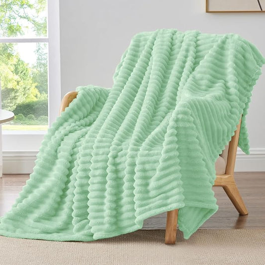 BEDELITE Fleece Throw Blanket for Couch - 300GSM Soft & Warm Fluffy Mint Green Blanket, Decorative and Giftable Striped Blankets for Women, Men, 50"x60"