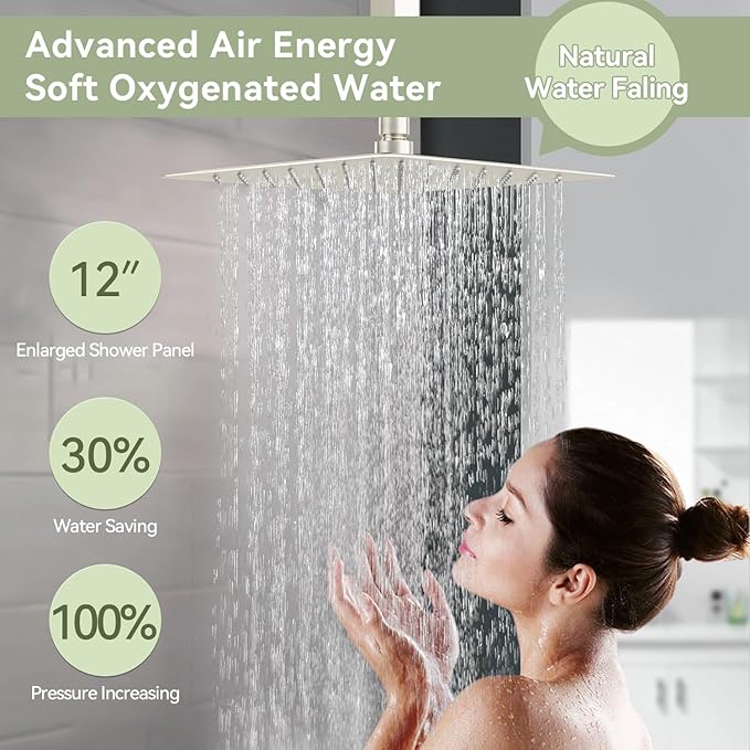 Shower Faucet Set Brushed Nickel Shower System,Bostingner Five Function Diverter Dual Head Shower Set,12'' Ceiling Mount and 6’‘ Wall Mount Rainfall Shower System with 2 in 1 Handheld Spray