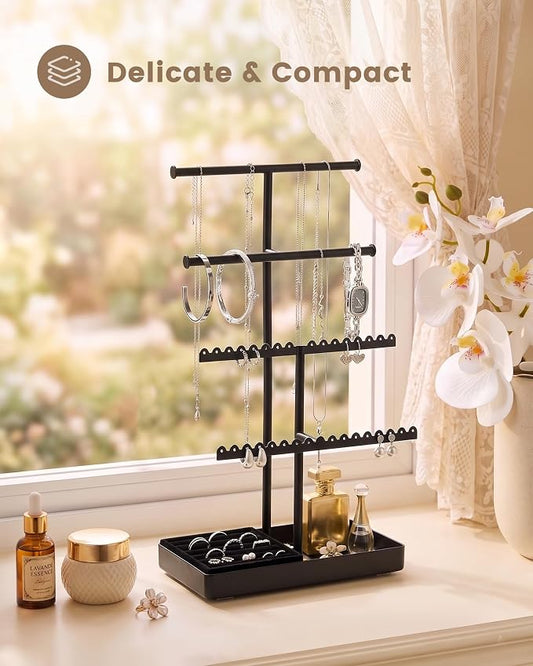 Lolalet 4-Tier Jewelry Organizer Stand, Metal Jewellery Holder, Dresser Display Rack for Necklace Earring Bracelets Rings, Gift for Women Girls -Black
