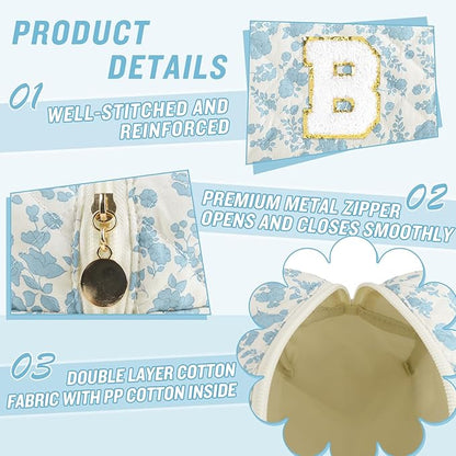 Personalized Quilted Cosmetic Bag, Puffy Monogrammed Christmas Birthday Gifts for Women & Girls, Cute initial Floral Makeup Bag Puffer Coquette Bag, Aesthetic Travel Toiletry Zipper Pouch(Blue,B)