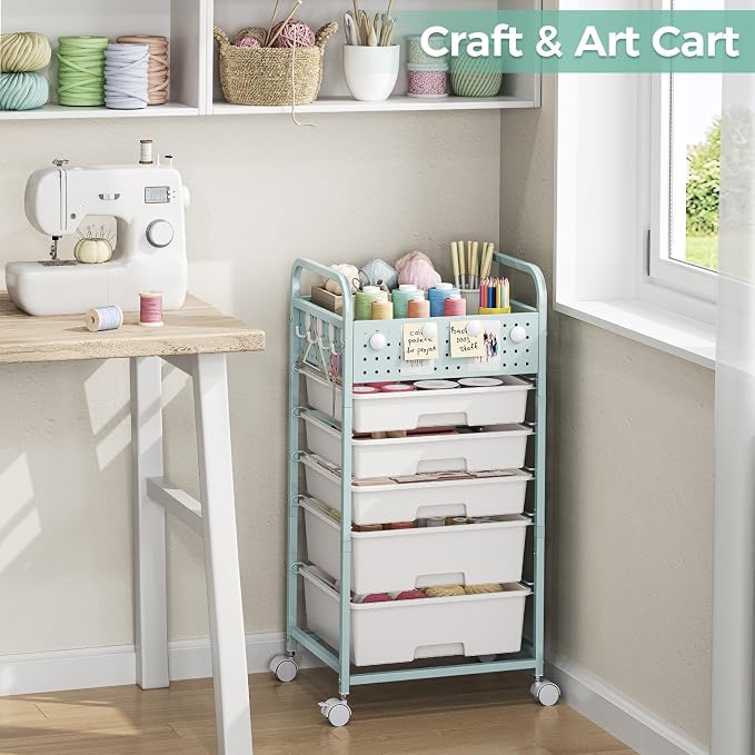 4 Drawer Rolling Storage Cart with Pegboard Top and Hooks, Mobile Organizer Cart with Wheels for Office Supplies, Craft Storage, Classroom Organization, Home Utility Cart, Green