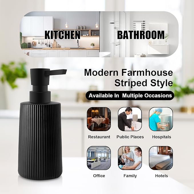 2 Pack Glass Small Soap Dispenser for Bathroom and Kitchen 250ml/8.5oz Dish Soap Dispenser Modern Farmhouse Striped Style Hand Soap Dish Soap Dispenser with Pump (Black)