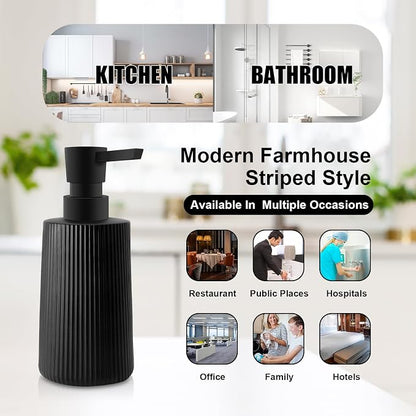 2 Pack Glass Small Soap Dispenser for Bathroom and Kitchen 250ml/8.5oz Dish Soap Dispenser Modern Farmhouse Striped Style Hand Soap Dish Soap Dispenser with Pump (Black)