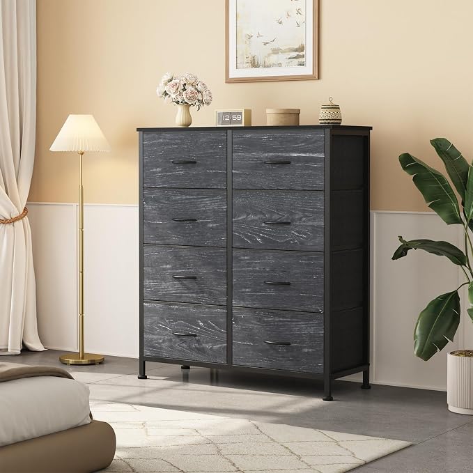 Sweetcrispy 8 Drawer Fabric Dresser for Bedroom, Tall Double Dresser Chest of Drawers with Sturdy Steel Frame and Wooden Top, Storage Organizer with Easy Pull Handles,Black Wood Grain