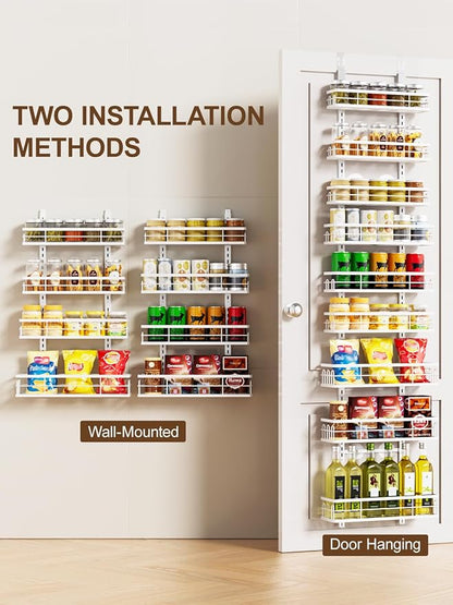 Delamu 9 Tier Over The Door Pantry Organizer, Pantry Organization and Storage, Hanging Spice Rack for Pantry Door Organizer, Metal Pantry Door Shelves for Kitchen Bathroom Laundry Room,15.3" White