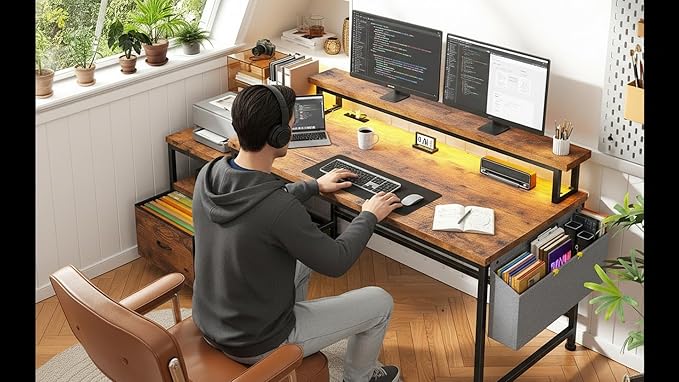 Computer Desk with Monitor Stand,Office Desk with LED Lights &Power Outlets,Gaming Desk with Drawers & Printer Shelf,Writing Table with Side Storage Bag,57" W x 20" D x 36" H,Rustic Brown