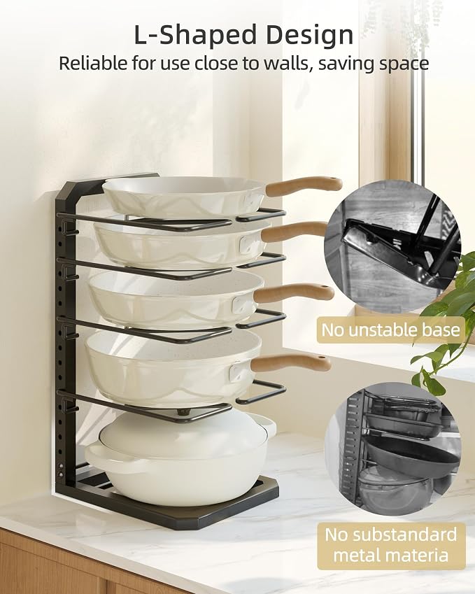 Pots and Pans Organizer under Cabinet, 5 Adjustable Tiers Heavy-Duty Pan Pot Organizer with 16.5" Height, Holds 55 LB - Cast Iron Skillets, Griddles, Shallow Cookware