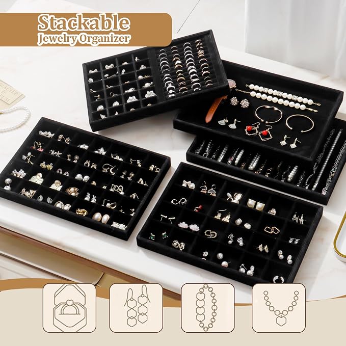 Large Velvet Jewelry Tray 2 Pack Stackable Jewelry Display Drawer Inserts Trays Organizer for Earring Bracelet Necklace Ring (Black, 20 Hooks)