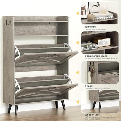 EOYUTLLY Shoe Cabinet with Bench, Shoe Organizer Cabinet with 2 Flip Drawers & Open Shelf, Narrow Shoe Storage Cabinet for Entryway, Freestanding Shoe Rack with Legs, Grey