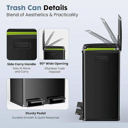 DUMOS Kitchen Double Trash Can, 2x8-Gallon Dual Trash Can with Lid, Stainless Steel Garbage Bin with 2 Removable Inner Buckets, Soft-Close Foot Pedal for Kitchen, Home, Office, Glossy Black