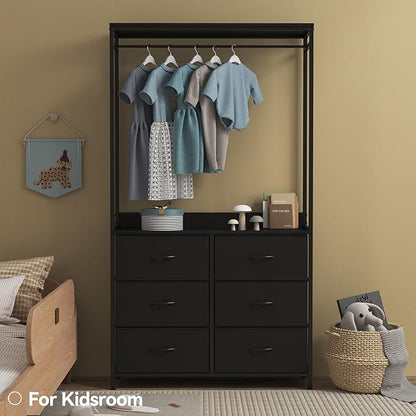 6 Dresser Drawer with Hanging Rack, 2-in-1Tall Dresser for Bedroom/Closet, Fabric Dressers & Chests of Drawers, Sturdy Alloy Steel Frame, Space Saving Closet Organizer