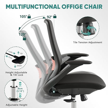Ergonomic Mesh Office Chair, 330LBS Executive Desk Chair with Lumbar Support, 2D Armrests, Comfy Swivel Computer Task Chairs for Long Hours (Black)