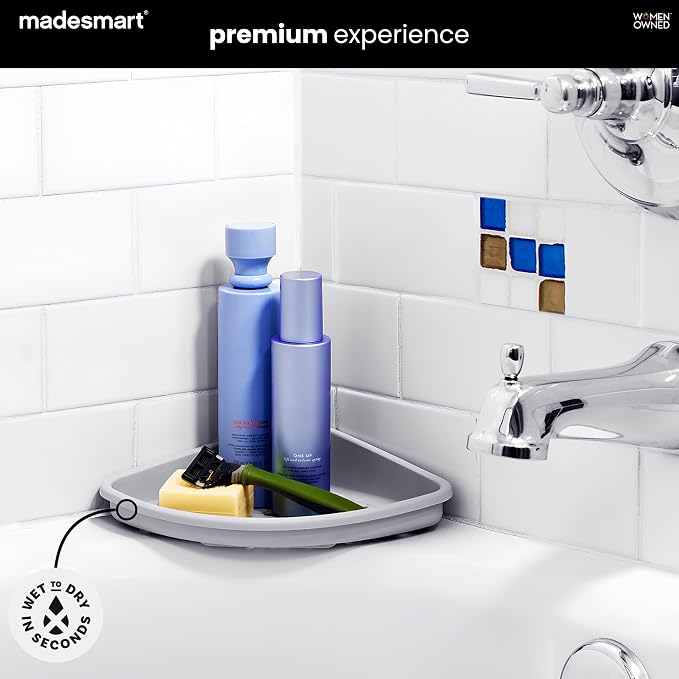madesmart Bathtub Corner Shelf, Storage for Soaps, Shampoo Bottles & Bath Accessories, Strong Suction Cup, Drainage Holes, Grey