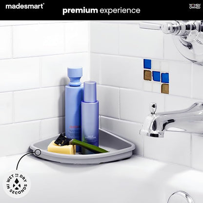 madesmart Bathtub Corner Shelf, Storage for Soaps, Shampoo Bottles & Bath Accessories, Strong Suction Cup, Drainage Holes, Grey