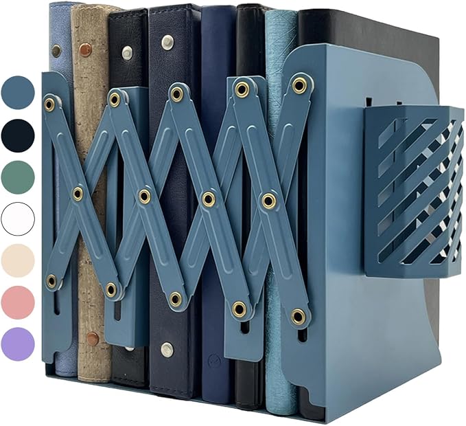 Kingsmile Book Ends, Adjustable Heavy Duty Metal Book Stoppers with Pen Holder for Desk Office Library Kids Room(Blue)