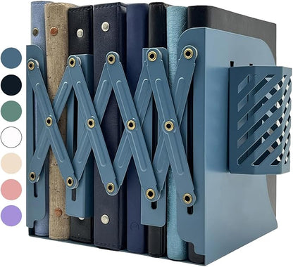 Kingsmile Book Ends, Adjustable Heavy Duty Metal Book Stoppers with Pen Holder for Desk Office Library Kids Room(Blue)
