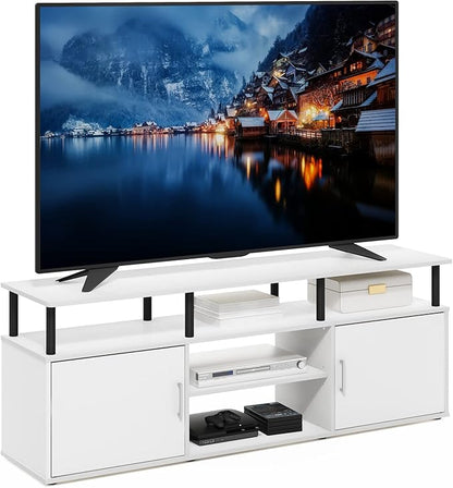 Furinno Jensen Entertainment Center Stand for TV up to 70 Inch, Plastic Pole, Solid White/Black