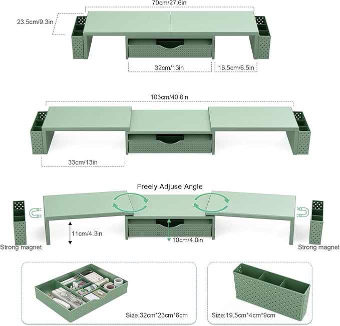 Spacrea Metal Desk Organizers and Accessories, Dual Monitor Stand Riser with Drawer and 2 Pen Holders, Book Racks, Desk Accessories & Workspace Desktop Organizers for Office Supplies (Sage Green)